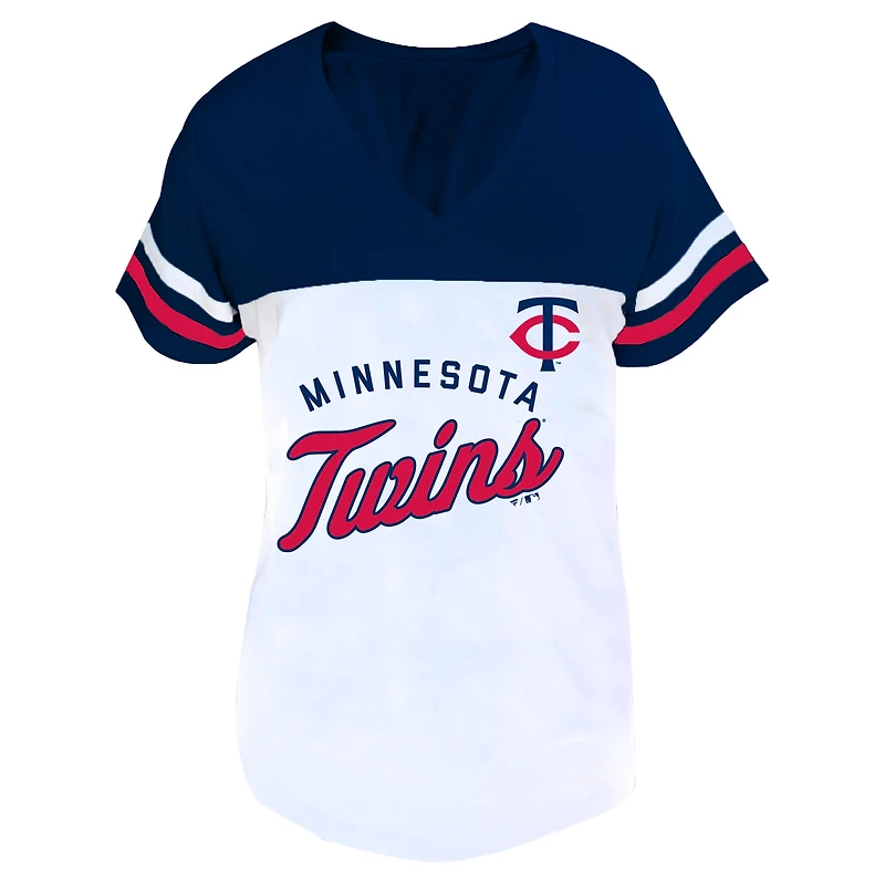 Women's Profile White/Navy Minnesota Twins Plus Two-Stripe V-Neck T-Shirt