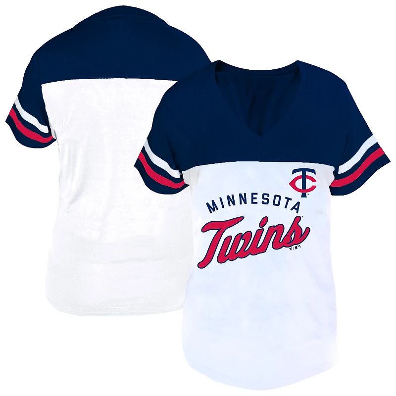 Women's Profile White/Navy Minnesota Twins Plus Two-Stripe V-Neck T-Shirt