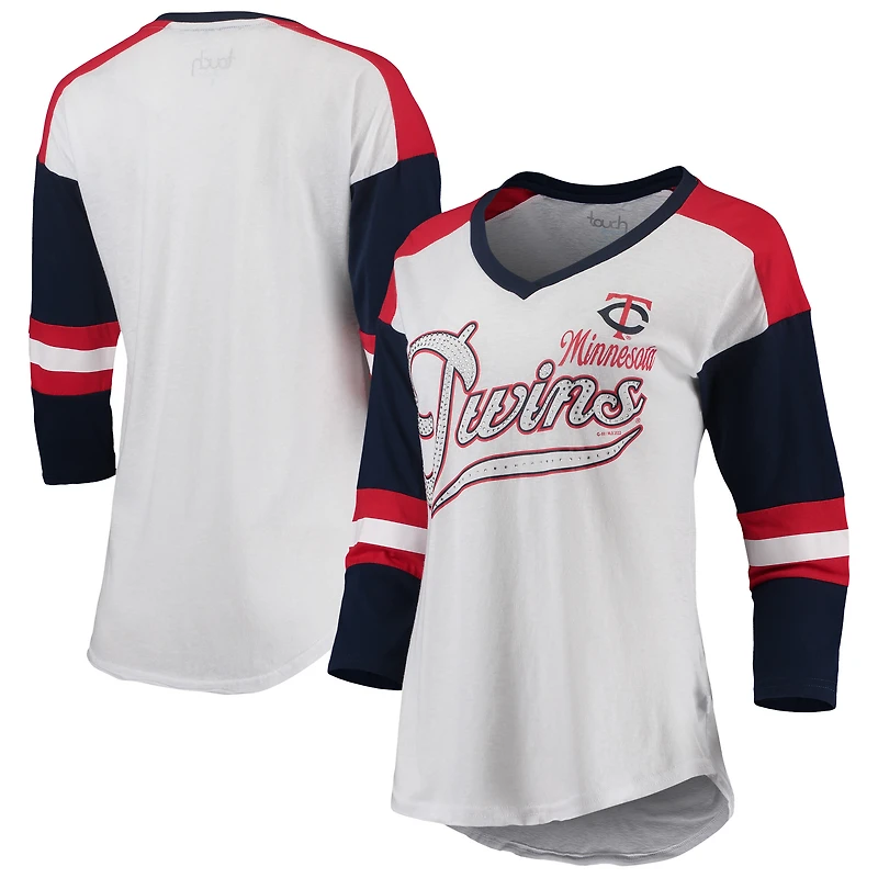 T-shirt à manches 3/4 et col en V blanc/rouge pour femme, Minnesota Twins Base Runner