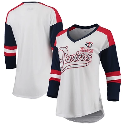 T-shirt à manches 3/4 et col en V blanc/rouge pour femme, Minnesota Twins Base Runner