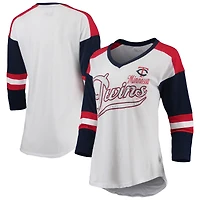 T-shirt à manches 3/4 et col en V blanc/rouge pour femme, Minnesota Twins Base Runner
