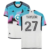 Maillot adidas blanc dédicacé par DJ Taylor du Minnesota United FC n° 27, utilisé lors de la saison 2024 de la MLS - Taille M