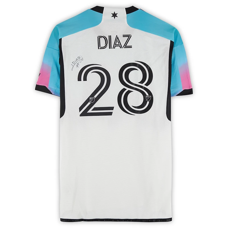 Maillot adidas blanc dédicacé n° 28 du Minnesota United FC par Jefferson Díaz pour la saison 2024 de la MLS - Taille L