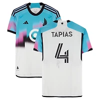 Maillot adidas blanc dédicacé par Miguel Tapias du Minnesota United FC, numéro 4, utilisé lors du match de la saison 2024 de la MLS - Taille M