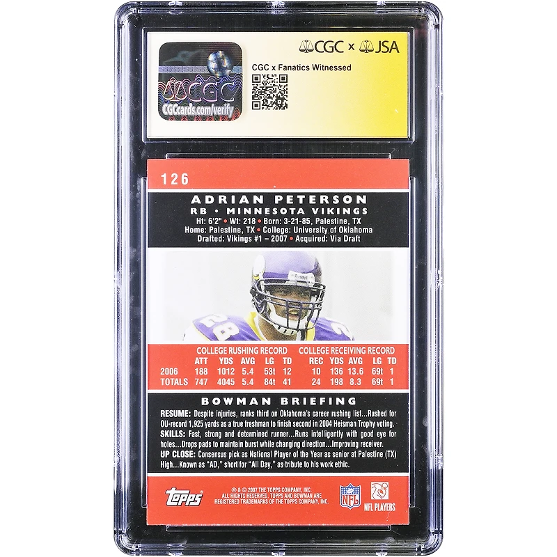 Adrian Peterson Minnesota Vikings Autographed 2007 Bowman #126 CGC Fanatics Witnessed Authenticated Rookie Card