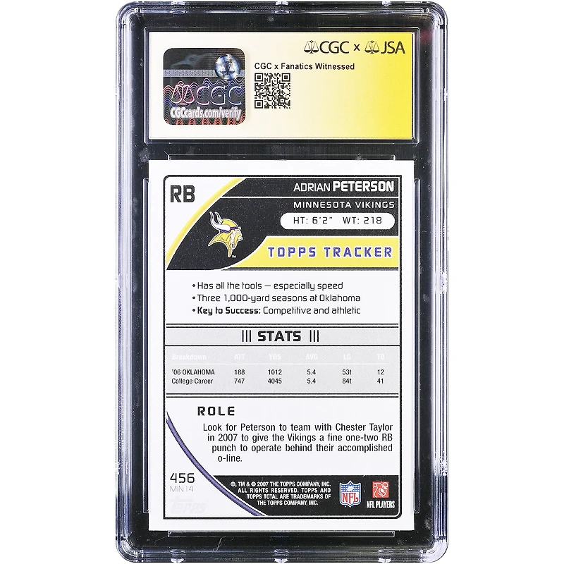 Carte de recrue autographiée d'Adrian Peterson (Minnesota Vikings), Topps Total 2007, n° 456, authentifiée par Fanatics Witnessed (CGC).