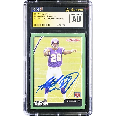 Adrian Peterson Minnesota Vikings Autographed 2007 Topps Total #456 CGC Fanatics Witnessed Authenticated Rookie Card