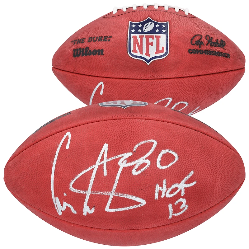 Ballon de football américain Wilson Duke en couleur, autographié par Cris Carter (Minnesota Vikings), avec inscription « HOF 13 ».