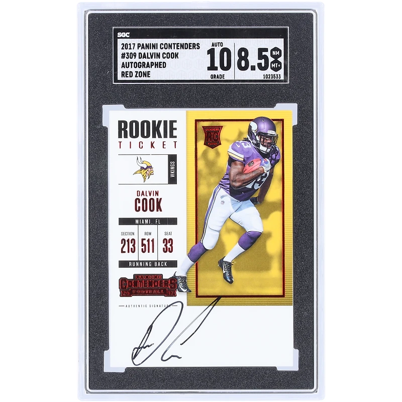 Dalvin Cook Minnesota Vikings Autographed 2017 Panini Contenders Red Zone #309 SGC Authenticated 8.5/10 Rookie Card 