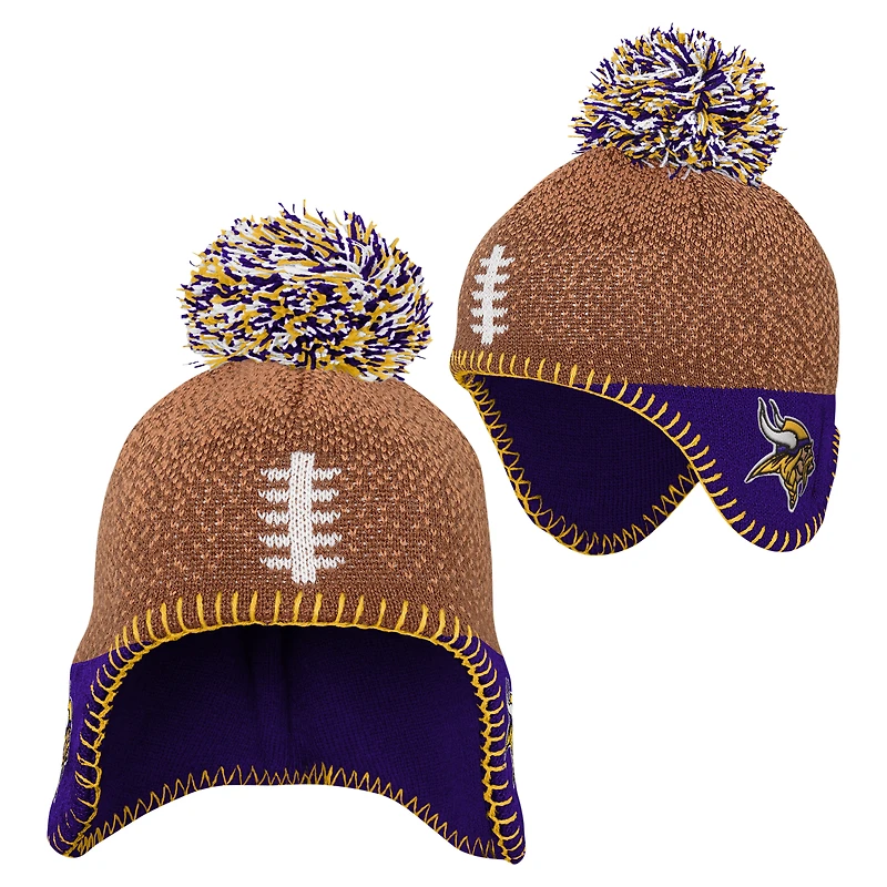 Bonnet tricoté marron pour bébé avec pompon pour le football des Minnesota Vikings