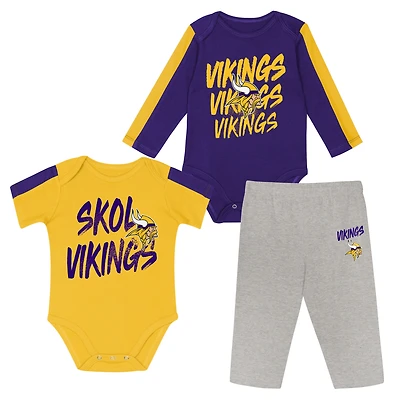 Infant Outerstuff Purple/Gold Minnesota Vikings Double Down Bodysuits and Pants 3-Piece Set