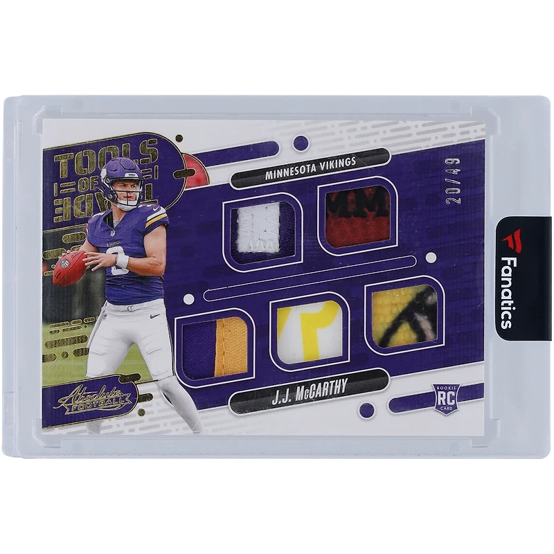 Carte de recrue J.J. McCarthy Minnesota Vikings 2024 Panini Absolute Tools Of The Trade Football & Jersey Multi-Color Relics #TOTF-JMY #20/49