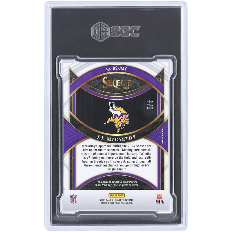 J.J. McCarthy Minnesota Vikings 2024 Panini Select Green Prizm Rookie Swatches Team Logo Dual-Color Relic #RS-JMY #4/5 SGC Authenticated 8.5 Rookie Card