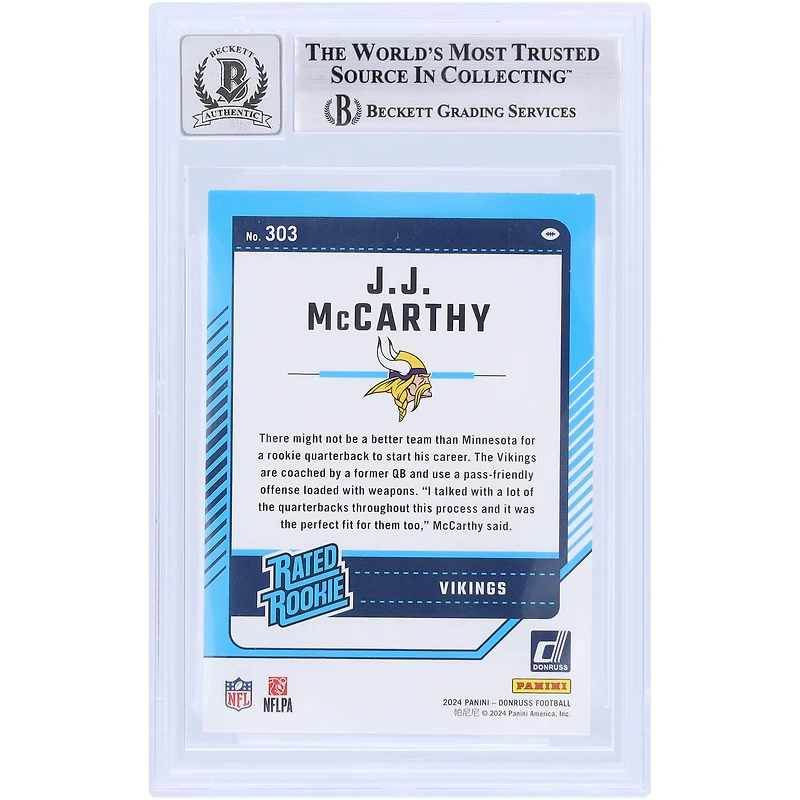 J.J. McCarthy Minnesota Vikings Autographed 2024 Panini Donruss #303 Beckett Fanatics Witnessed Authenticated 9/10 Rookie Card