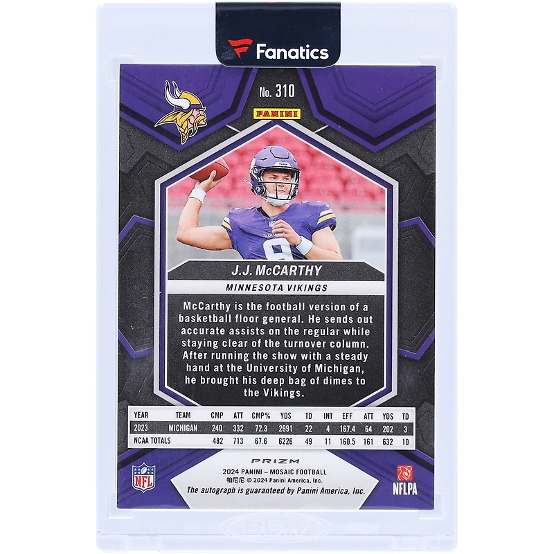 Carte de recrue Panini Mosaic n° 310 autographiée par J.J. McCarthy des Vikings du Minnesota 2024
