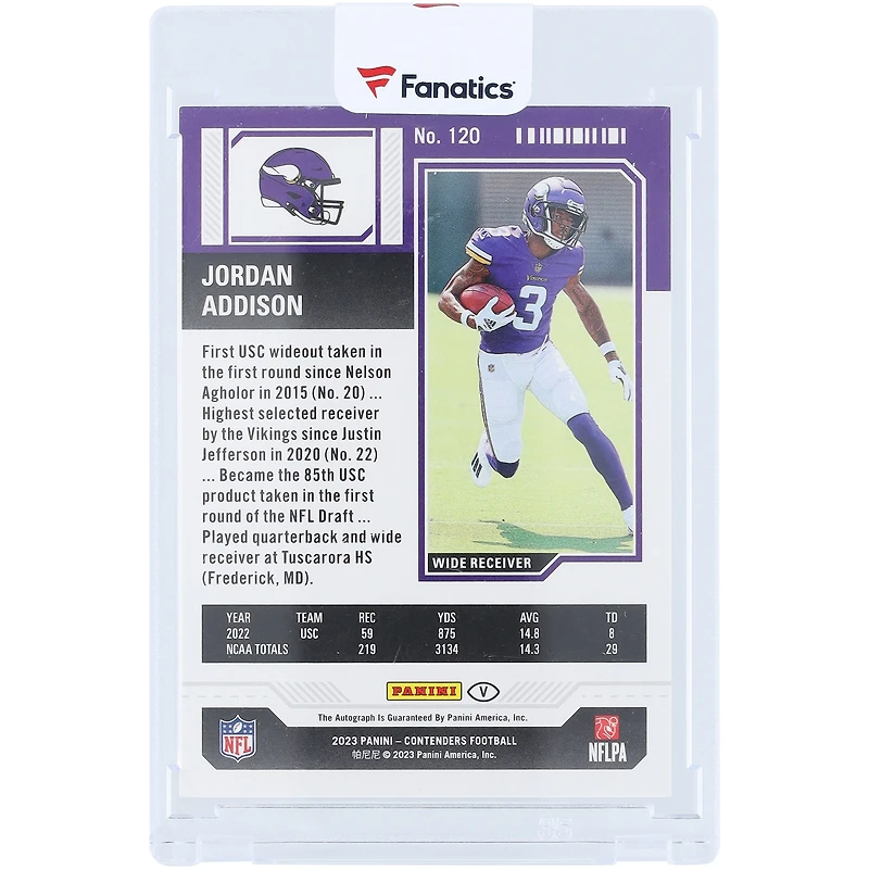 Carte recrue autographiée de Jordan Addison (Minnesota Vikings) 2023 Panini Contenders Optic Midfield Ticket n° 120, n° 14/50
