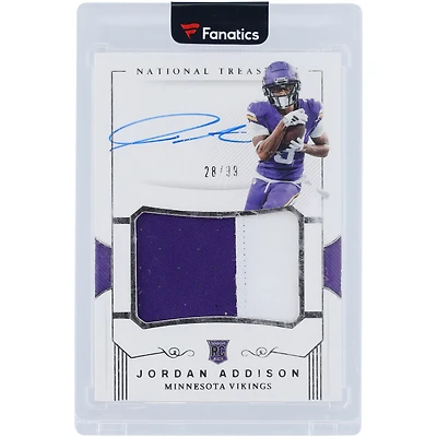 Carte de recrue Jordan Addison Minnesota Vikings autographiée, collection Panini National Treasures Crossover 2023, patch maillot, relique bicolore #CRPA-JAD #28/99