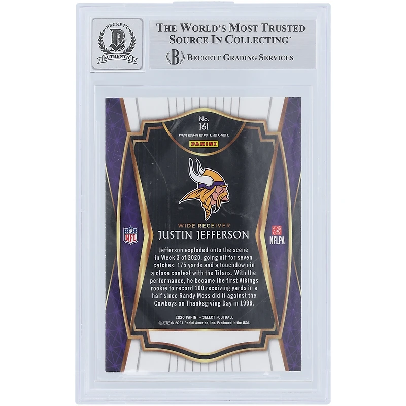Carte de recrue autographiée 2020 Panini Select Premier Level #161 de Justin Jefferson des Minnesota Vikings, carte de recrue authentifiée Beckett Fanatics Witnessed 10