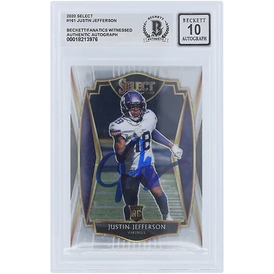 Carte de recrue autographiée 2020 Panini Select Premier Level #161 de Justin Jefferson des Minnesota Vikings, carte de recrue authentifiée Beckett Fanatics Witnessed 10