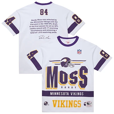Men's Mitchell & Ness Randy Moss White Minnesota Vikings Name Number Team Origins Vintage Logo T-Shirt