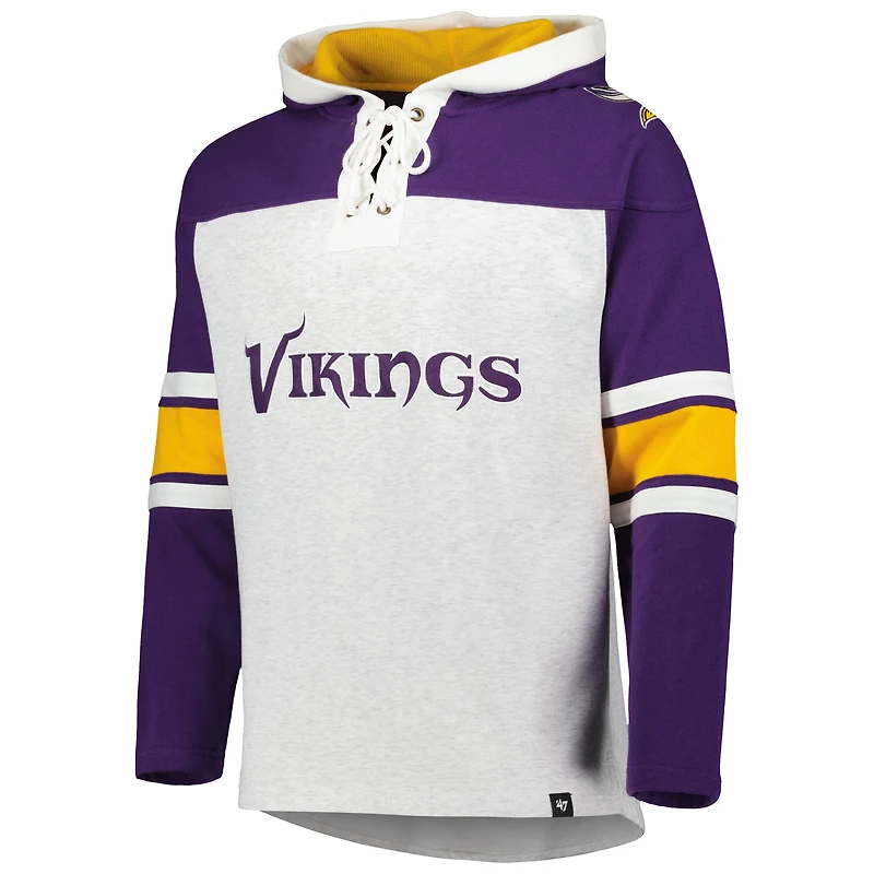 Men's '47 Minnesota Vikings Heather Gray Gridiron Lace-Up Pullover Hoodie