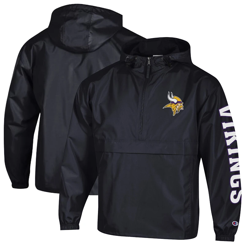 Men's Champion Black Minnesota Vikings Packable Hooded Windbreaker Half-Zip Jacket