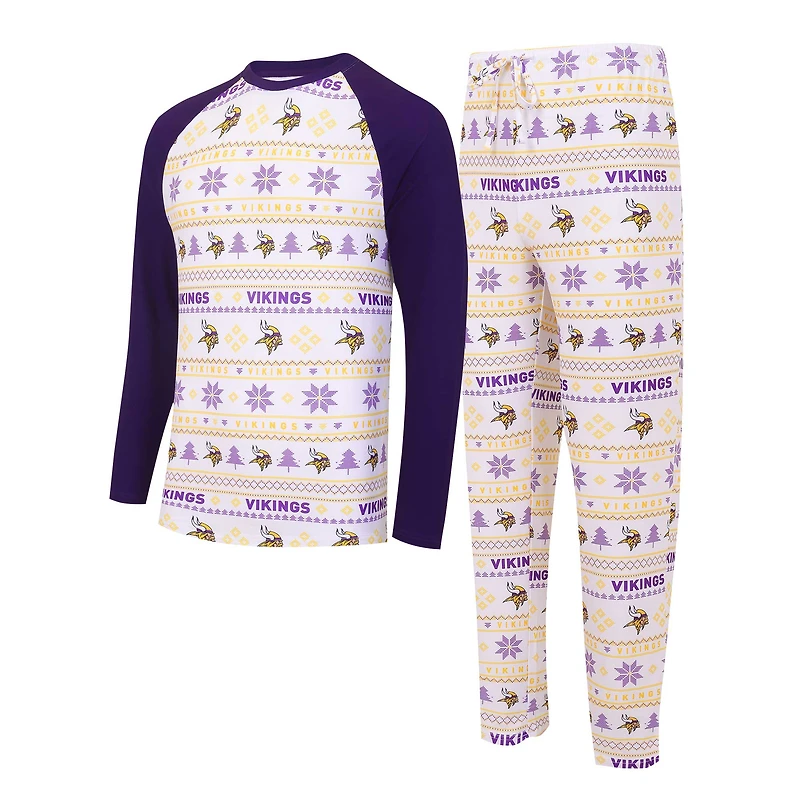 Ensemble de nuit pour hommes Concepts Sport blanc/violet Minnesota Vikings Tinsel raglan t-shirt à manches longues et pantalon