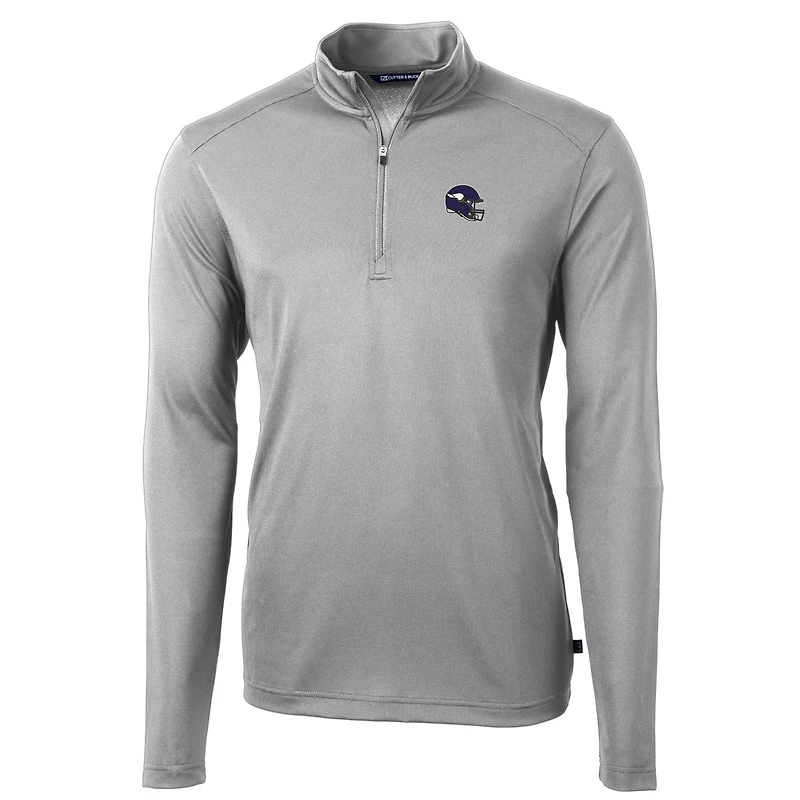 Men's Cutter & Buck Silver Minnesota Vikings Helmet Virtue Eco Pique Recycled Quarter-Zip Pullover Top