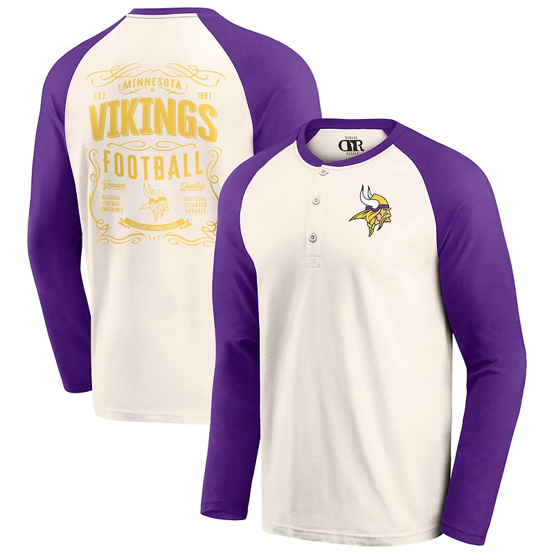 T-shirt Henley Raglan pour homme de la collection Darius Rucker Fanatics, couleur crème/violet, des Minnesota Vikings