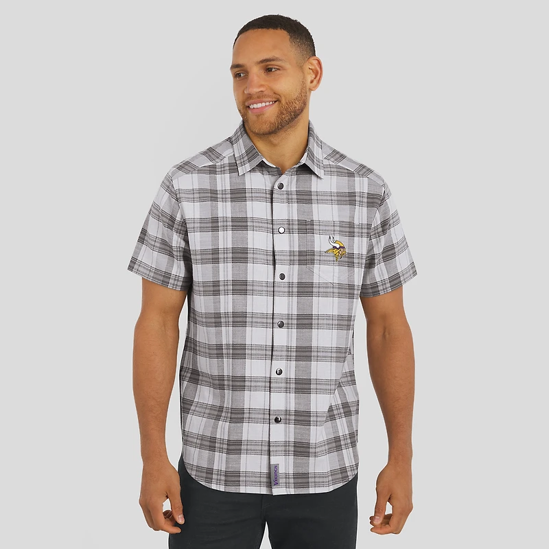 Men's Darius Rucker Collection by Fanatics Gray Minnesota Vikings Team Plaid Short Sleeve Full-Snap Shirt