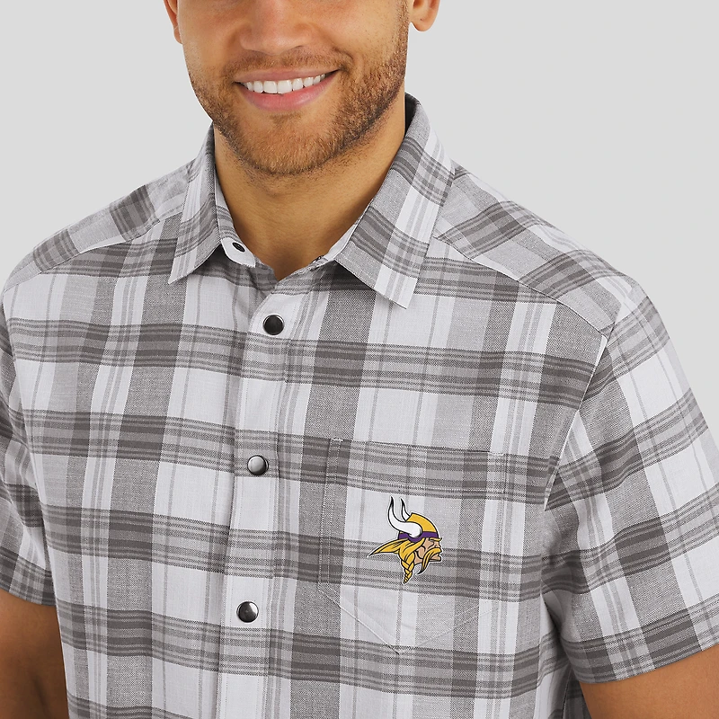 Men's Darius Rucker Collection by Fanatics Gray Minnesota Vikings Team Plaid Short Sleeve Full-Snap Shirt
