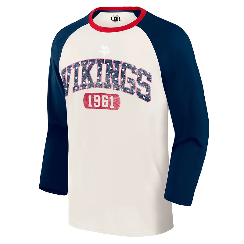 T-shirt raglan manches 3/4 pour homme, collection Darius Rucker par Fanatics, blanc/marine, Minnesota Vikings, style américain