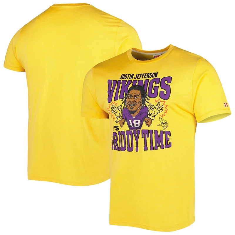 T-shirt à trois mélanges pour hommes, hommage Justin Jefferson, or chiné, joueur de caricature des Vikings du Minnesota