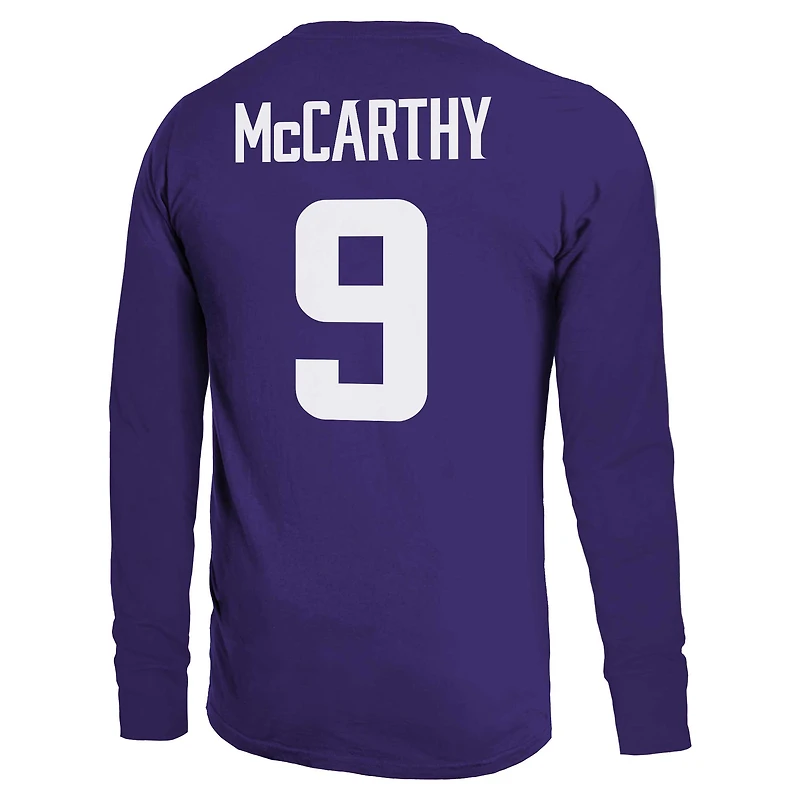 T-shirt à manches longues pour homme Majestic Threads J.J. McCarthy violet avec nom et numéro des Vikings du Minnesota