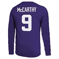 T-shirt à manches longues pour homme Majestic Threads J.J. McCarthy violet avec nom et numéro des Vikings du Minnesota