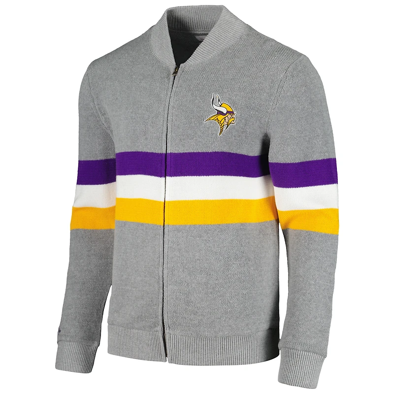 Men's Mitchell & Ness  Gray Minnesota Vikings Striped Full-Zip Cardigan Sweater
