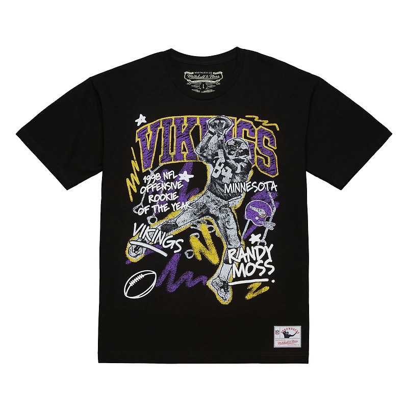 T-shirt graphique noir Mitchell & Ness Randy Moss pour homme, joueur des Vikings du Minnesota, avec inscription « Cheat Up »