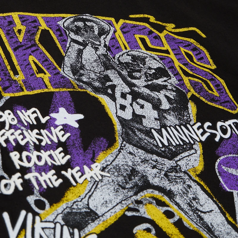 T-shirt graphique noir Mitchell & Ness Randy Moss pour homme, joueur des Vikings du Minnesota, avec inscription « Cheat Up »