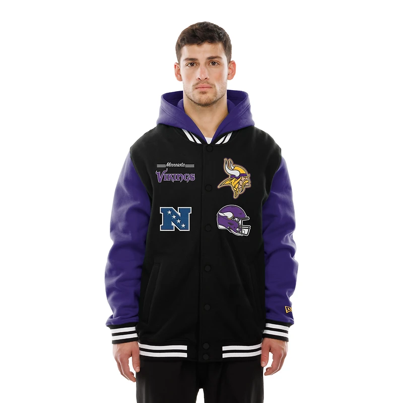 Veste à capuche polaire boutons-pression New Era noire des Vikings du Minnesota pour homme