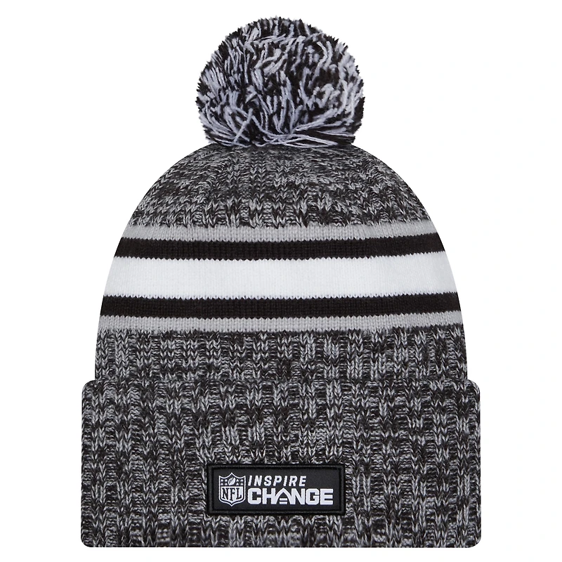 Bonnet en tricot à revers Inspire Change New Era noir pour hommes des Minnesota Vikings avec pompon
