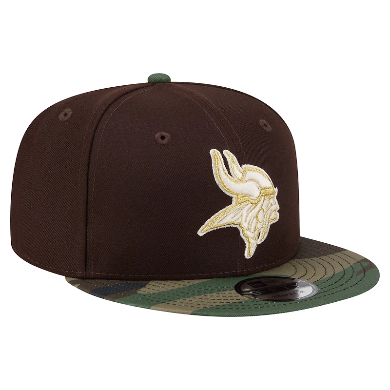 Casquette snapback New Era 9FIFTY pour homme, marron foncé, Minnesota Vikings, motif camouflage Burnt Wood.