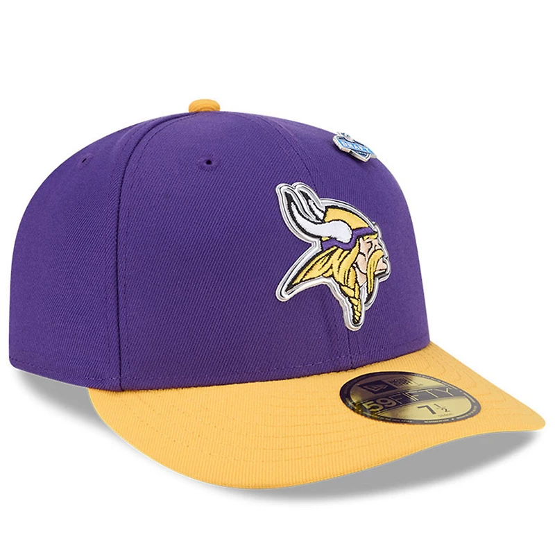 Casquette New Era 59FIFTY pour homme, violette et or, Minnesota Vikings, draft NFL 2026, pré-courbée