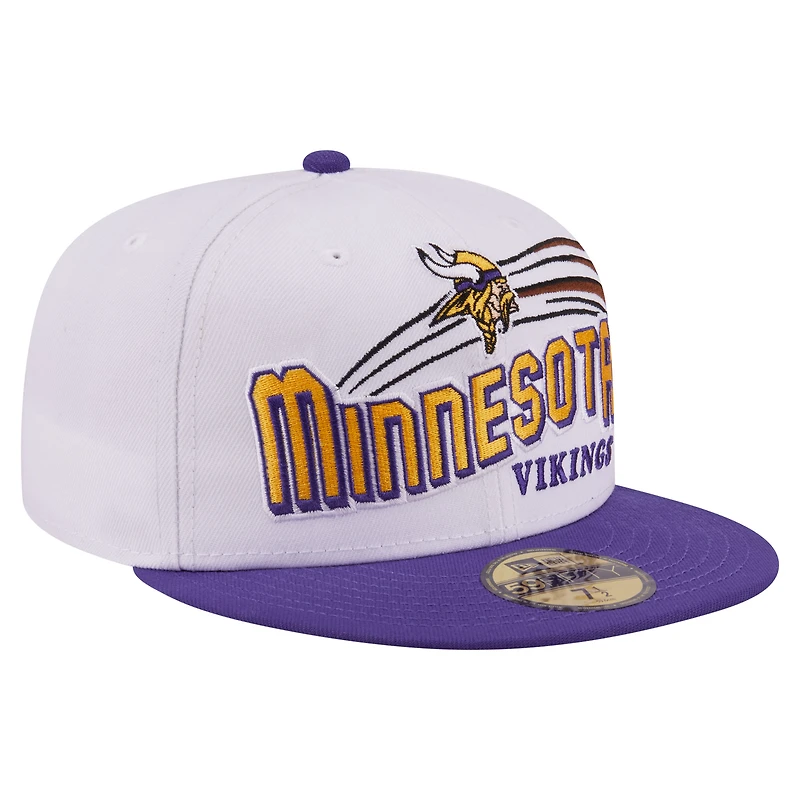 Casquette ajustée New Era 59FIFTY pour homme, blanche et violette, Minnesota Vikings, style rétro.