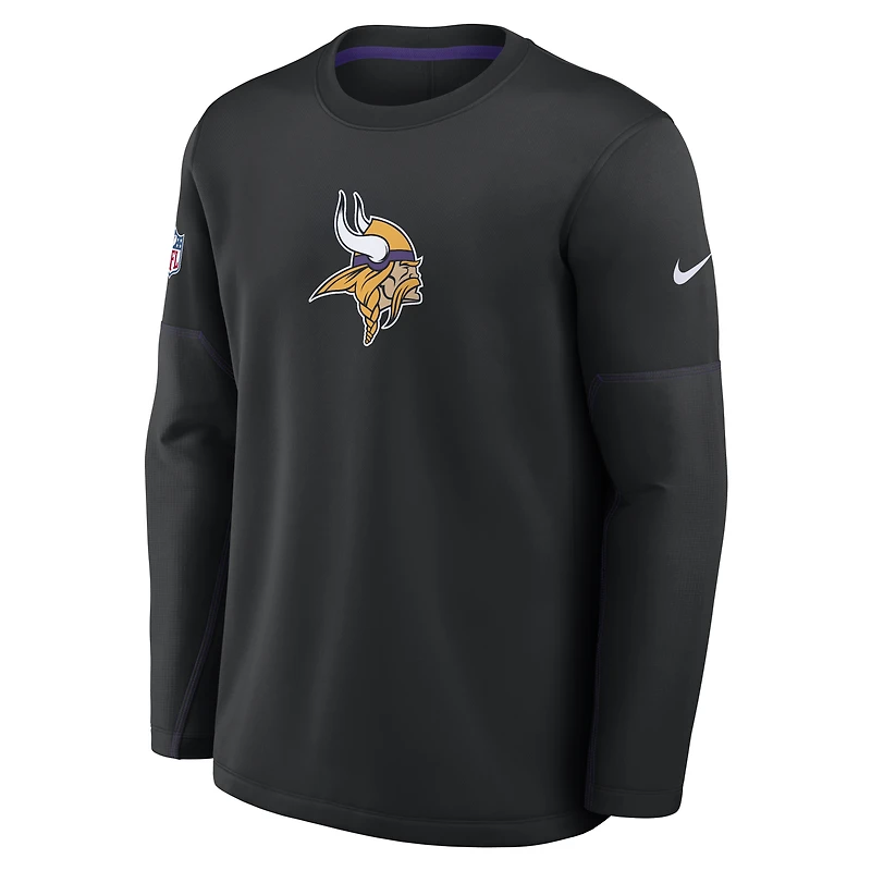 Haut Nike noir Minnesota Vikings Sideline Coach pour homme, col rond, poids moyen, technologie Therma-FIT