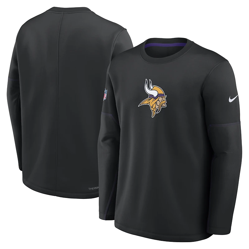 Haut Nike noir Minnesota Vikings Sideline Coach pour homme, col rond, poids moyen, technologie Therma-FIT