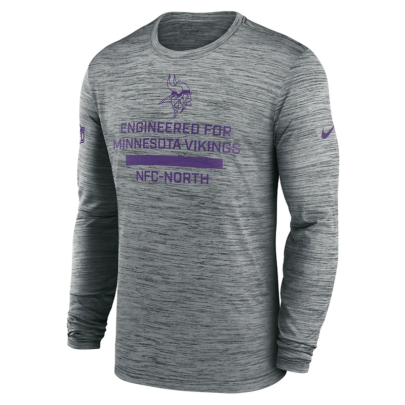 T-shirt Nike gris à manches longues pour homme, coupe Sideline Velocity Performance, Minnesota Vikings