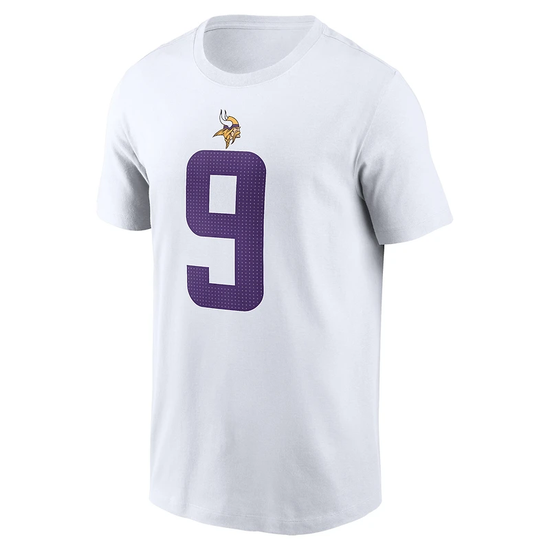T-shirt Nike pour homme avec nom et numéro de joueur des Vikings du Minnesota J.J. McCarthy blanc