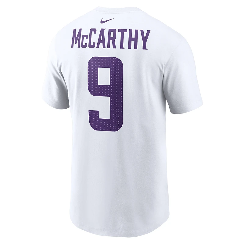 T-shirt Nike pour homme avec nom et numéro de joueur des Vikings du Minnesota J.J. McCarthy blanc