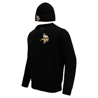 Men's Pro Standard Black Minnesota Vikings Crewneck Pullover Sweater & Cuffed Knit Hat Box Gift Set