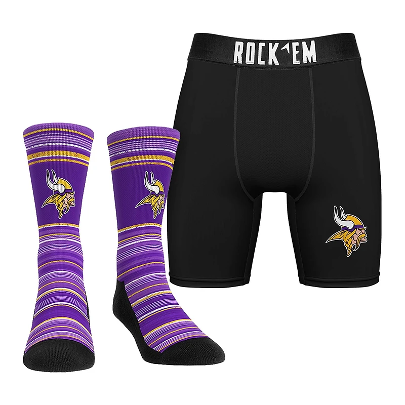 Pack combiné de chaussettes et caleçons boxeurs Rock Em Socks Minnesota Vikings Primary Crew pour hommes